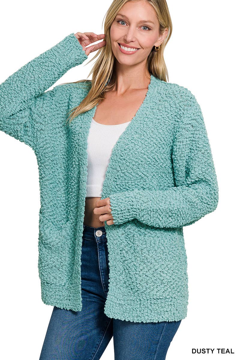 Long Sleeve Popcorn Sweater Cardigan With Pockets