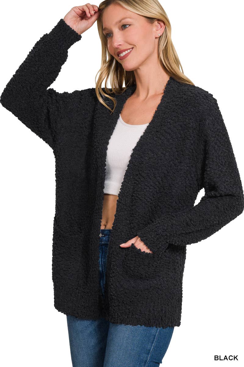 Long Sleeve Popcorn Sweater Cardigan With Pockets