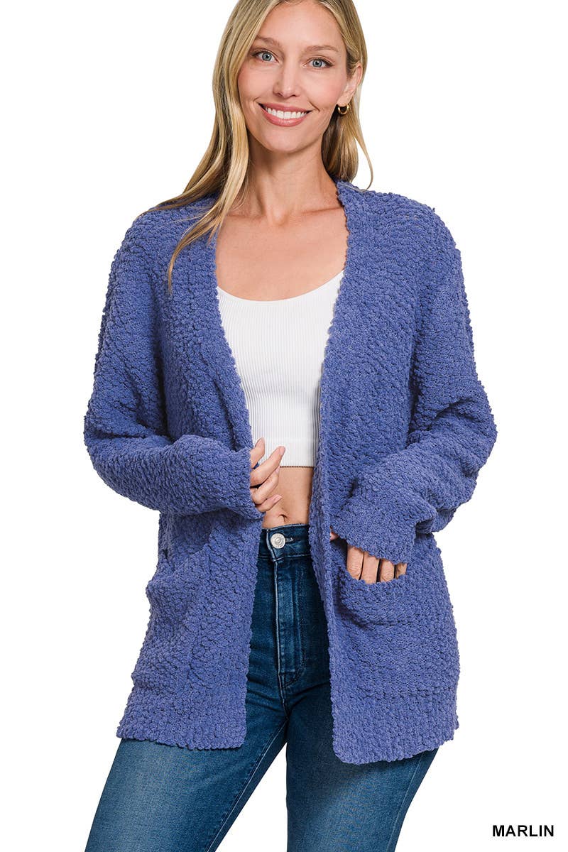 Long Sleeve Popcorn Sweater Cardigan With Pockets